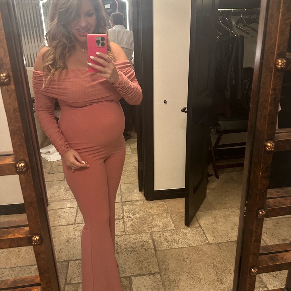 Off-Shoulder Pink Maternity Jumpsuit